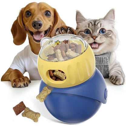 Yellow and blue Tumbler Owl cat puzzle feeder with dual food compartments and weighted base
