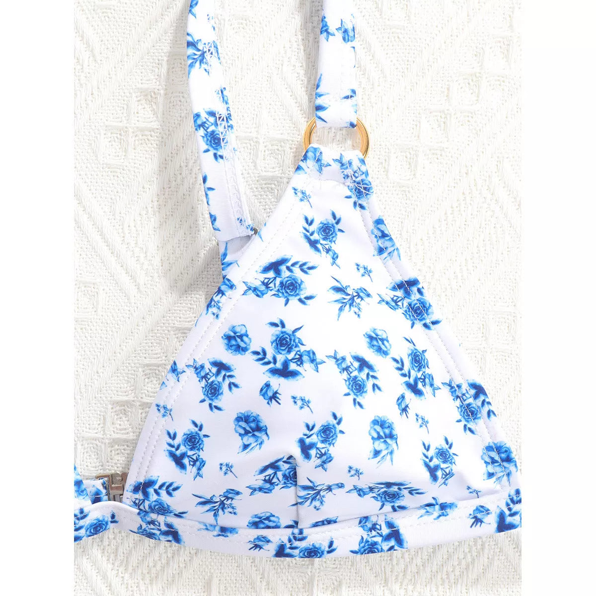 Women's split printed swimwear with chest pads in blue flower, black, and pink blue options