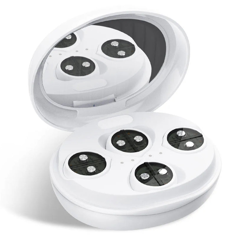 Red light eye and face massager with EMS technology: a wireless device offering 1-gear intensity for reducing dark circles and facial rejuvenation in home settings, available in white.