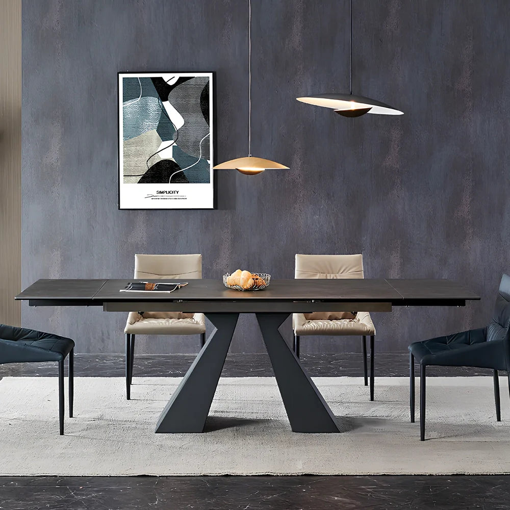 Retractable slate dining table extended to 1.6m with rotating mechanism and porcelain finish