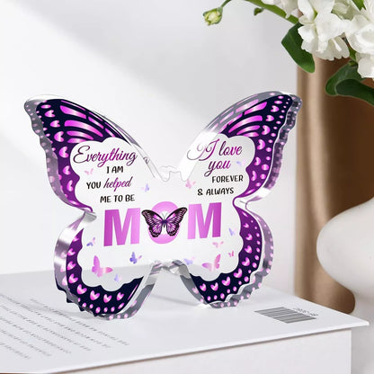 Butterfly-shaped acrylic keepsake with purple wing patterns and personalized message