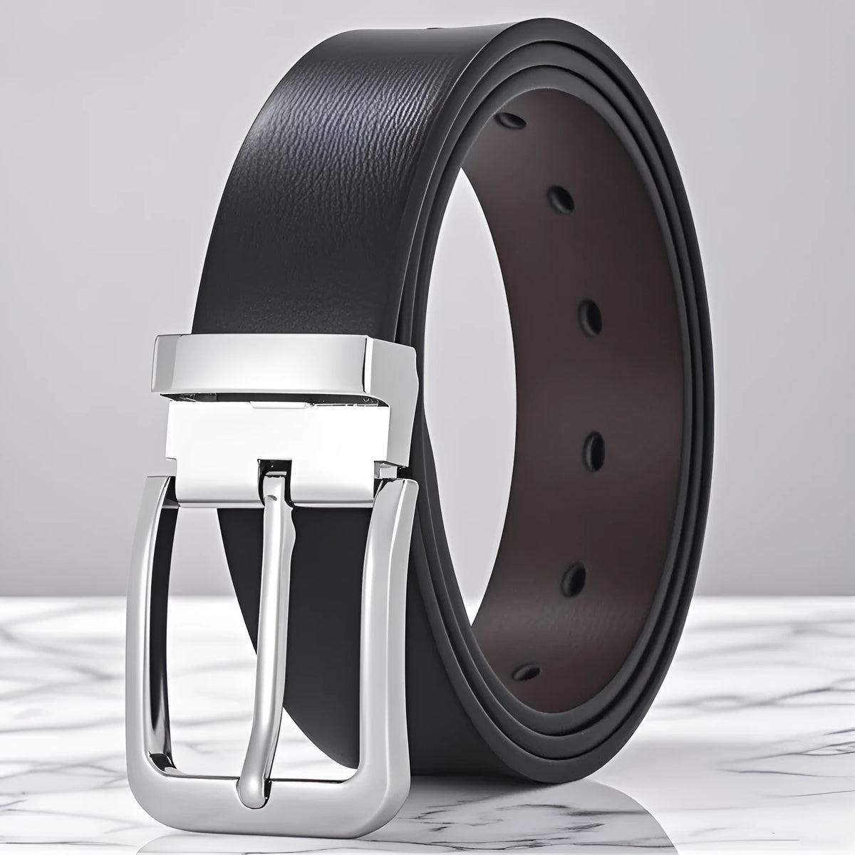 Men's brown leather belt with alloy buckle showing water drop embossed pattern