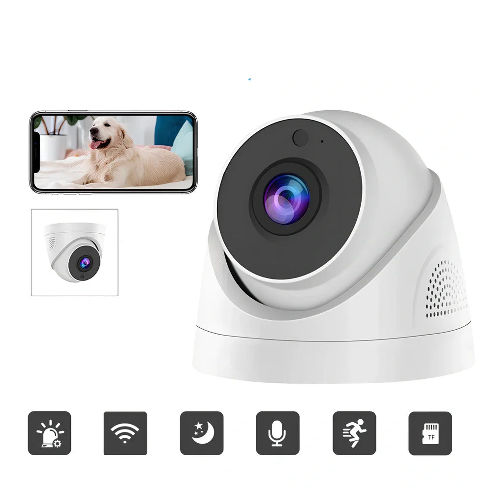 White security camera with 1080p recording and voice intercom measuring 10.7×10.7×9cm