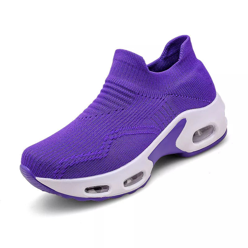 Korean air cushion sports shoes in blue, grey, black, and purple with ventilation and shock absorption features