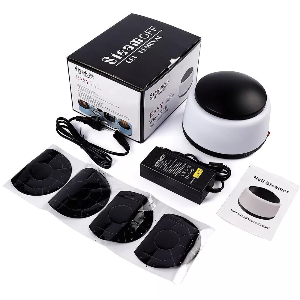 White steam nail polish remover with power cord and adapter, compact design