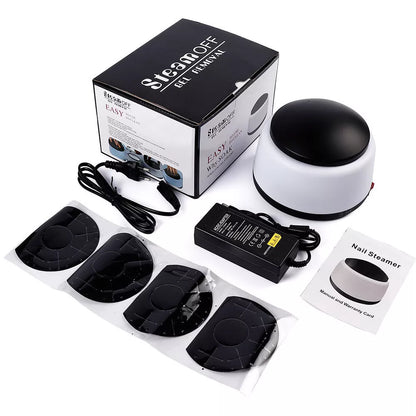 White steam nail polish remover with power cord and adapter, compact design