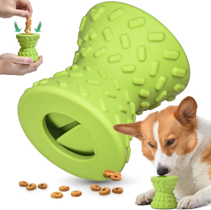 Blue interactive treat dispensing dog bone toy for aggressive chewers with hollow centre and natural rubber material