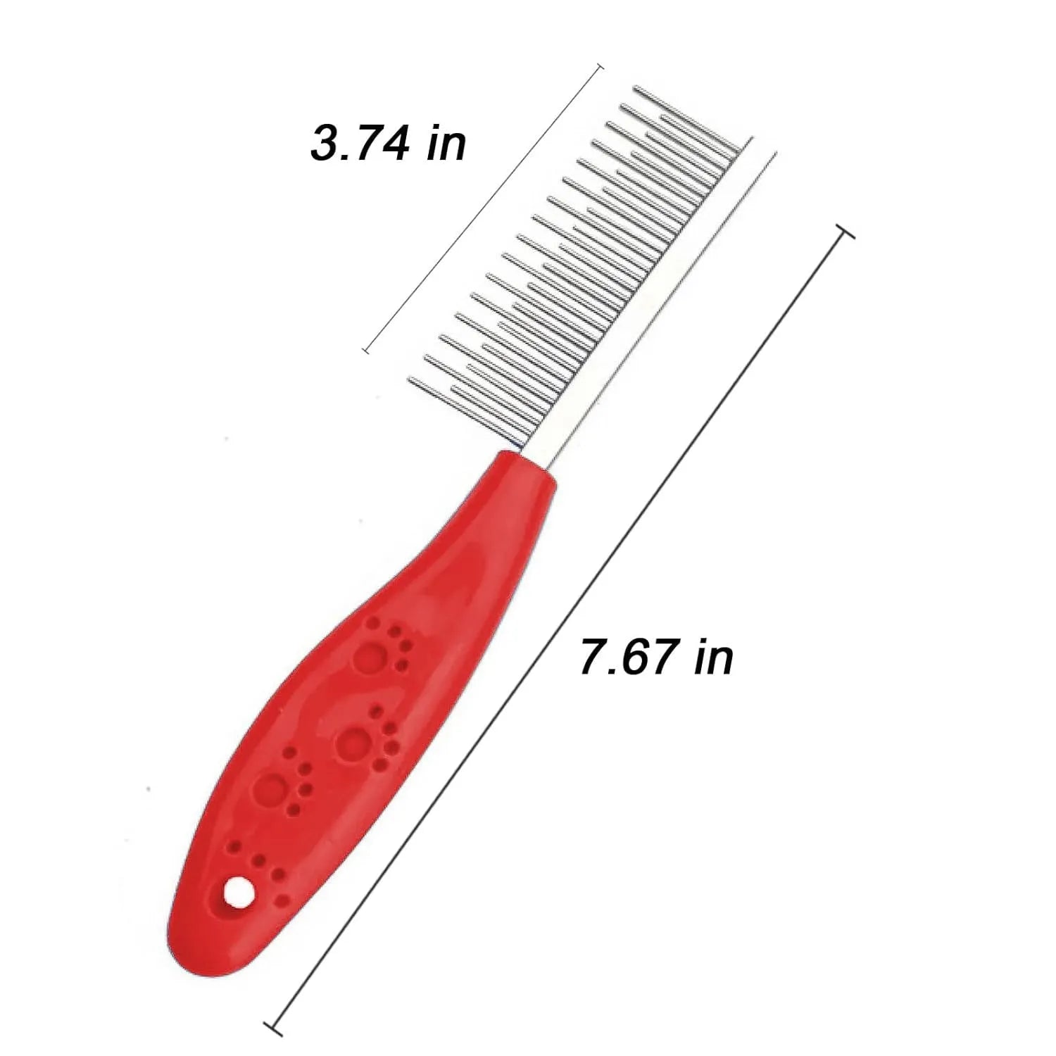 Red dematting comb with stainless steel pins, dual-length teeth, and plastic anti-slip handle for pet grooming