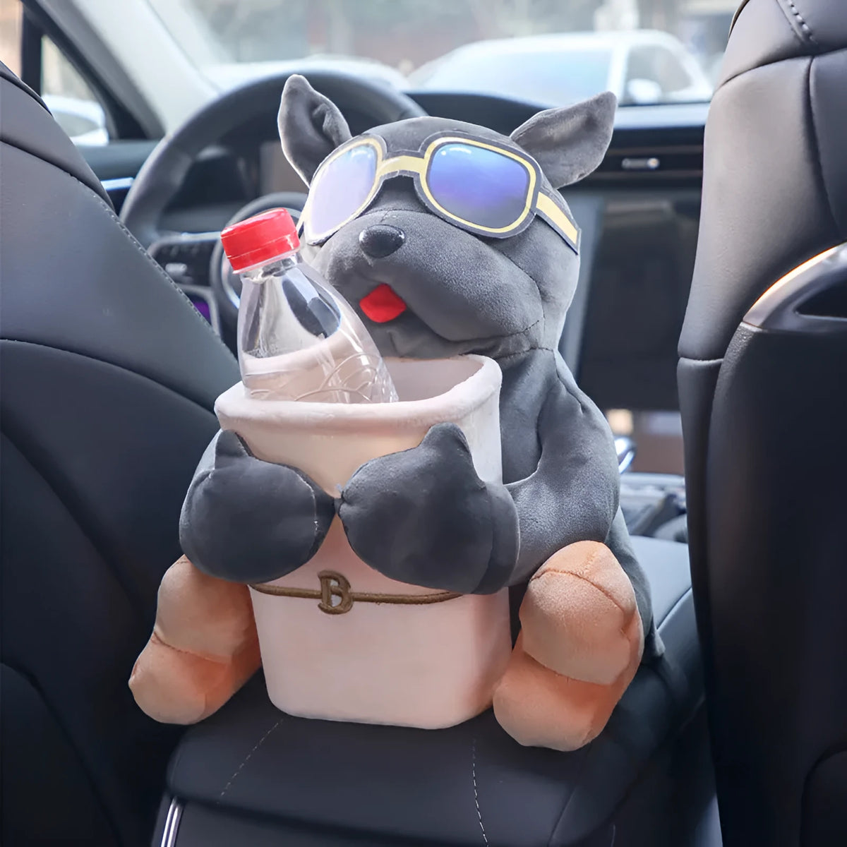 Plush car tissue box hanging from flip armrest with character design options