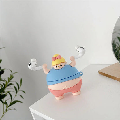 3D Cute Little Fat Man Lifting Weights Silicone Case for AirPods Pro in green and blue