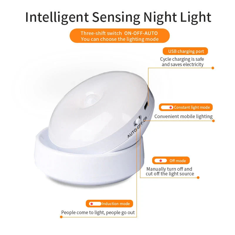 Motion-activated light with rotating design for customizable illumination in corridors, garages, and wardrobes