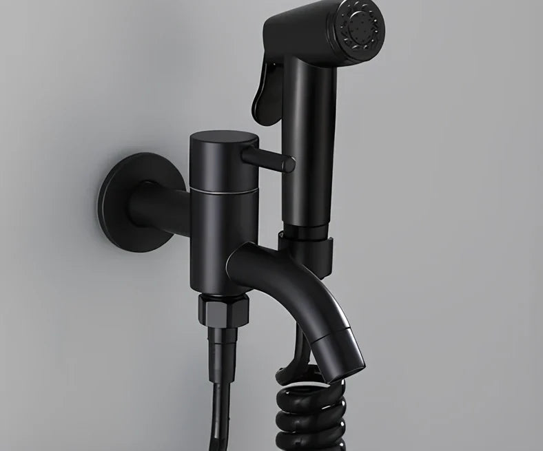 Single cold sink wall faucet with coiled telephone cord hose and push-type spray gun for mop pool installation