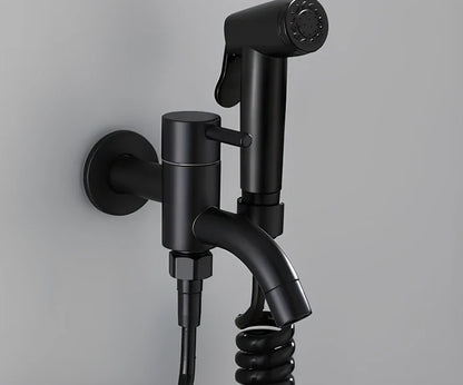 Single cold sink wall faucet with coiled telephone cord hose and push-type spray gun for mop pool installation