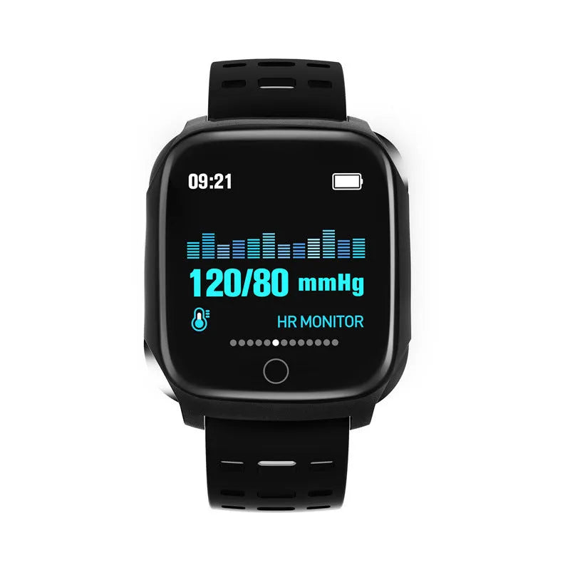 F16 smart watch with silicone band showing ECG and heart rate display on wrist.