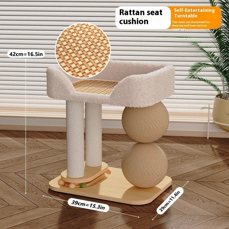 Solid pine cat nest with double ball posts on 40cm square base, showing scratching and resting functions