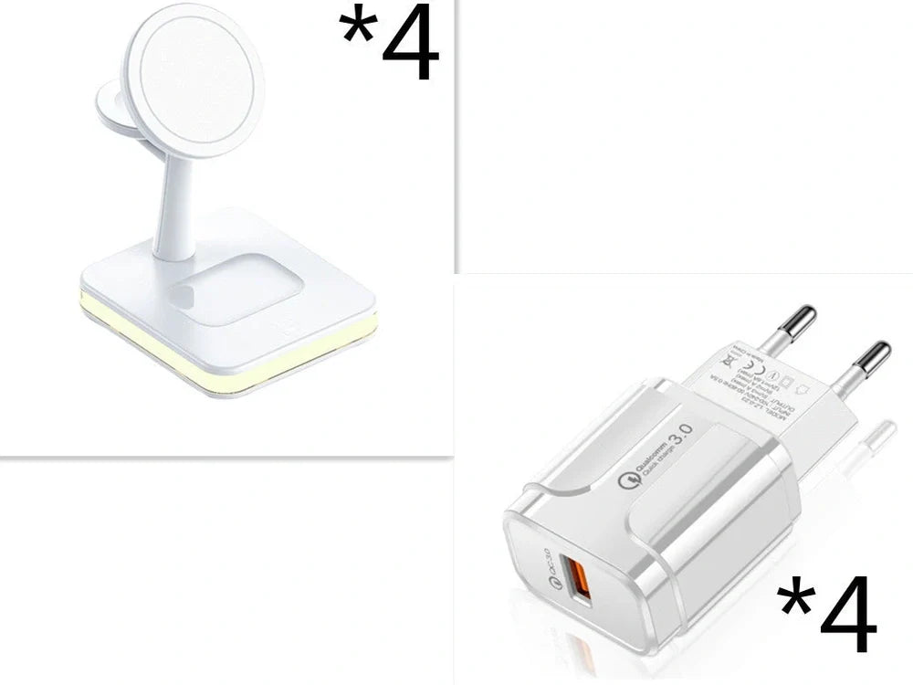 Black three-in-one wireless charger magnetic bracket on a desk charging multiple devices
