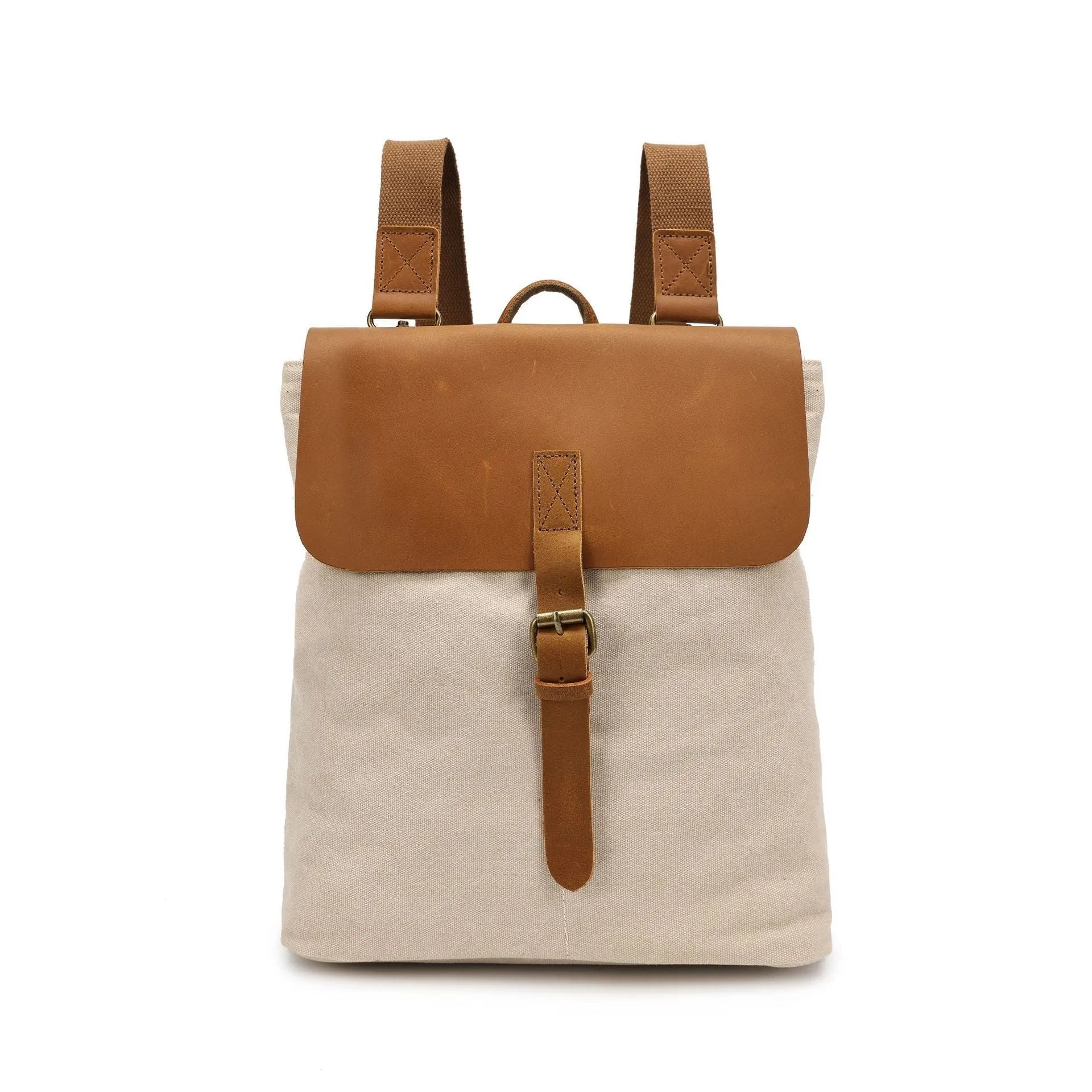Crazy Horse leather trimmed waterproof canvas backpack in minimalist style, shown in multiple colour options.