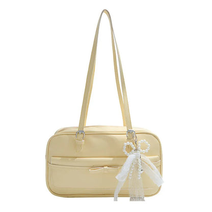 PU single-shoulder flap bag in horizontal square shape with mobile phone compartment and bow decorations