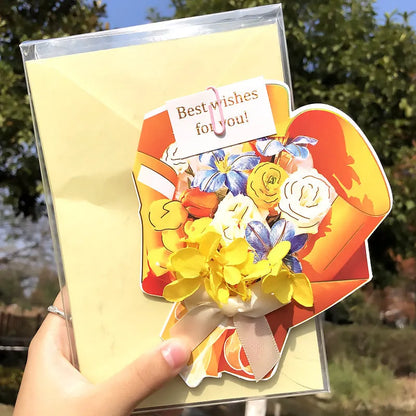 Handmade 3D pop-up greeting card with butterfly shape showing artificial flowers and hot stamping details