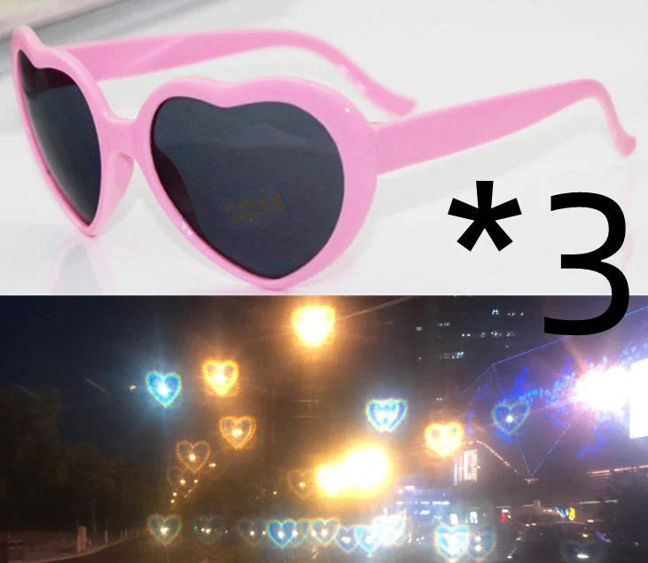 Stylish heart-shaped lighting sunglasses with a plastic frame and resin lenses, creating a mesmerizing effect for romantic occasions