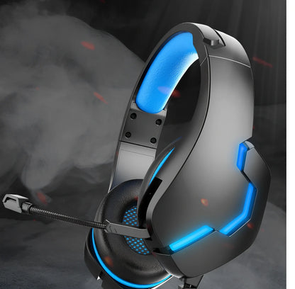 Blue J10 3.5mm wired gaming headset with LED lights, noise-canceling mic, and adjustable headband for PC use, 170x90x210mm size