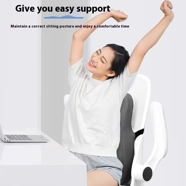 Grey lumbar support pillow for office chair measuring 40 by 40 by 8 centimetres.