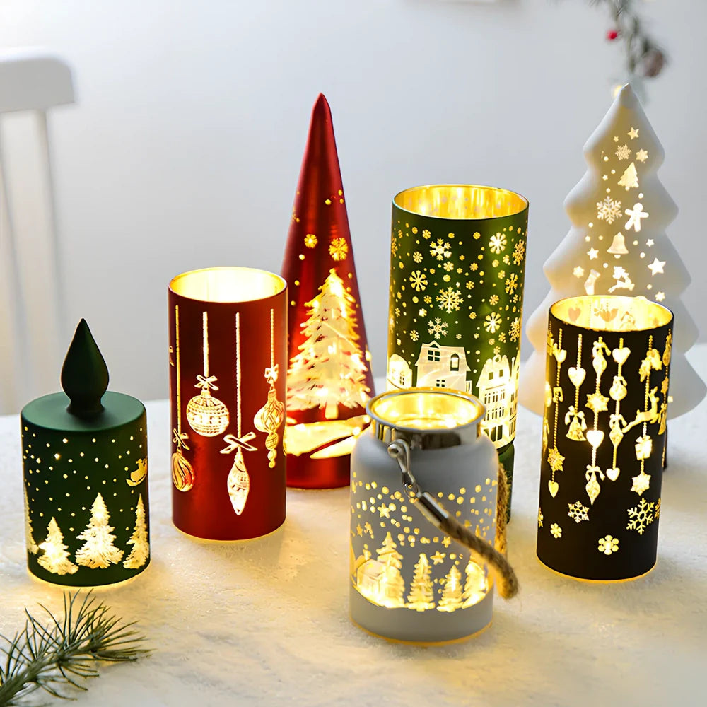 Glass Christmas desktop decoration showing tree, cone, and cup designs in various colours