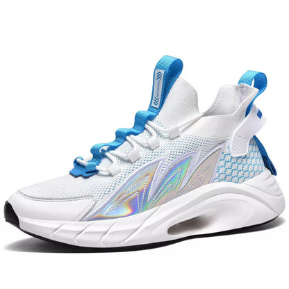 Men's Ultralight Flying Woven Breathable Sequin Lace-up Shoes in Black, White moon, and Black orange