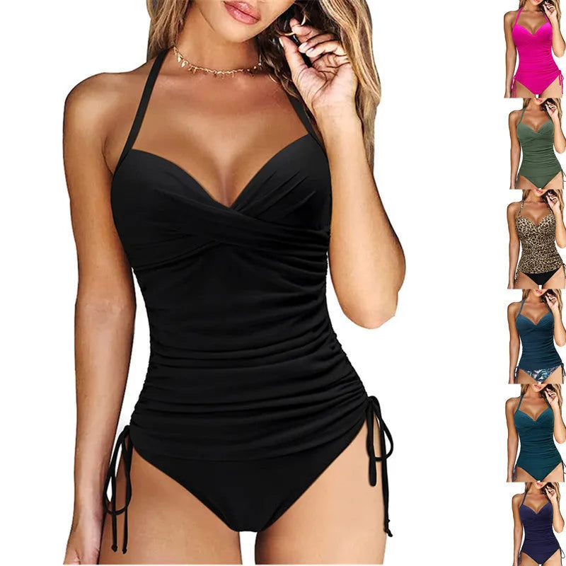 Women's high-waist swimwear bikini set with backless design in solid colours