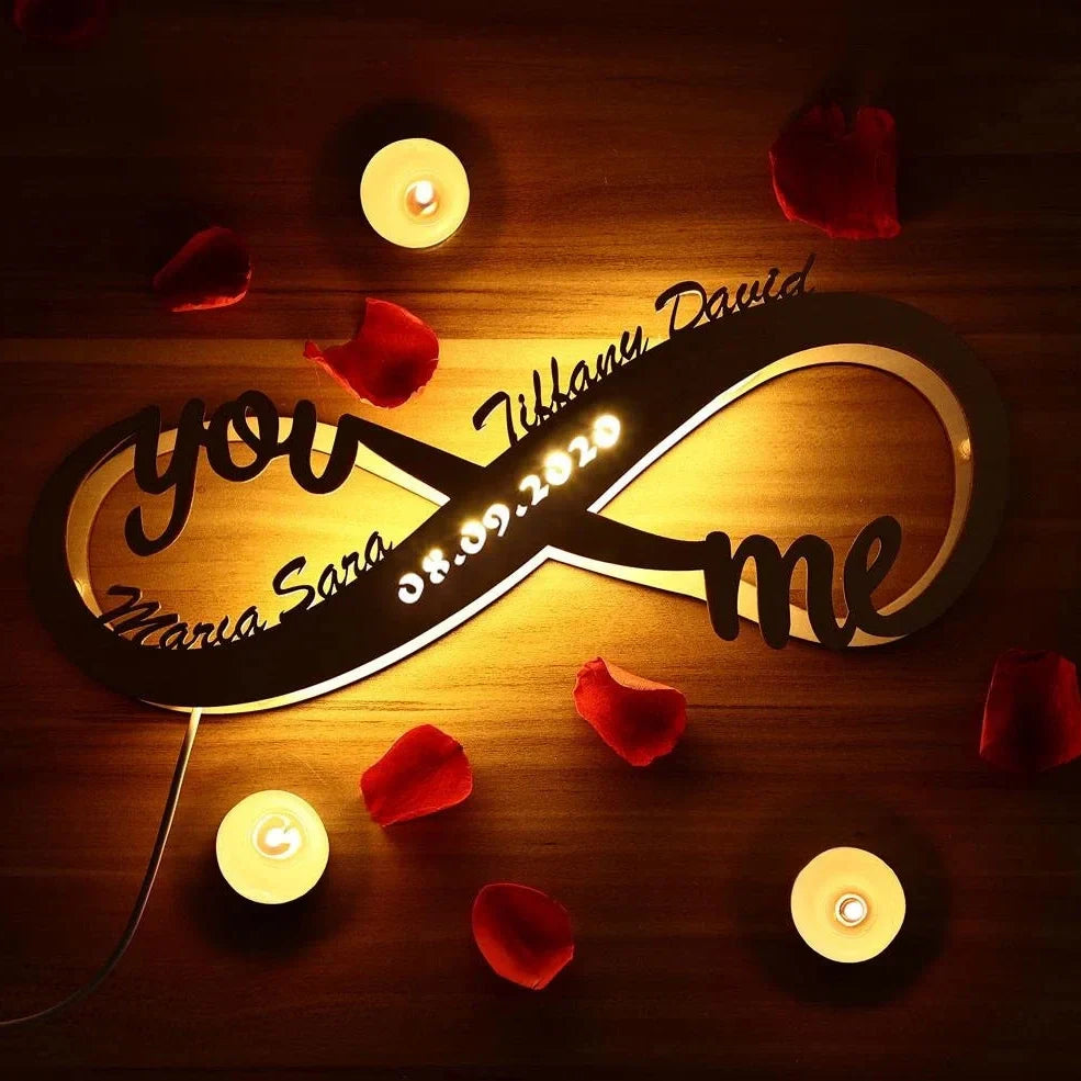 Wooden table lamp with custom name engraving showing modern simplicity design and push-button switch