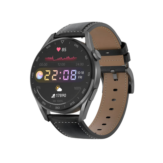 Black Bluetooth smart watch with metal strap showing call screen and barcode scanner function on 1.3-inch display.