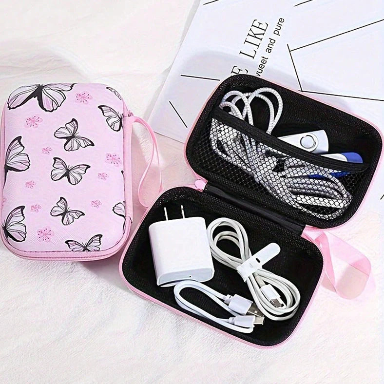 Square hard shell EVA cable storage bag with zipper, 11x8x4cm dimensions, showing Bunny Plaid design variant