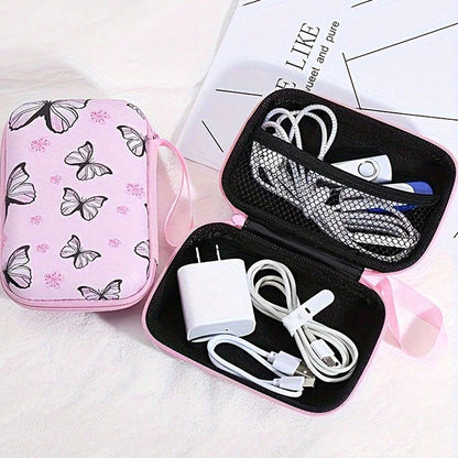 Square hard shell EVA cable storage bag with zipper, 11x8x4cm dimensions, showing Bunny Plaid design variant