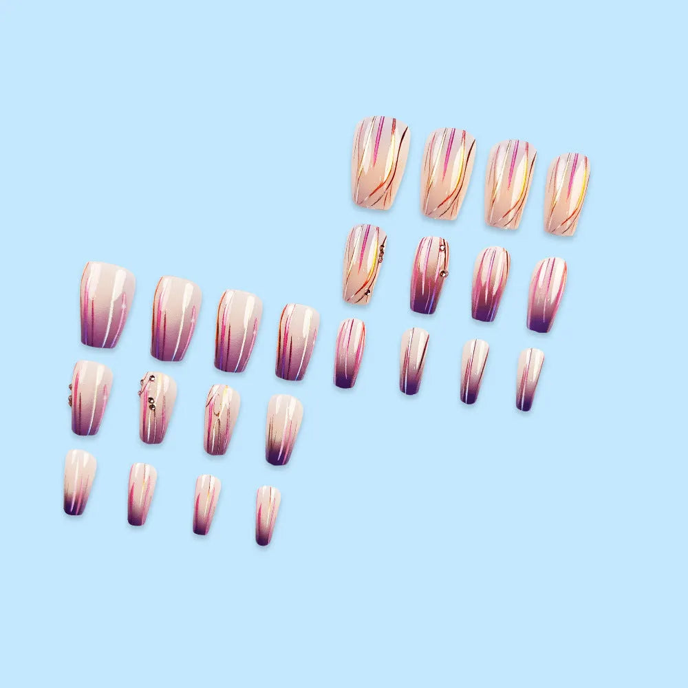 Magic purple gradient nail stickers with starry sky pattern, short ballet length, 24-piece set with jelly glue