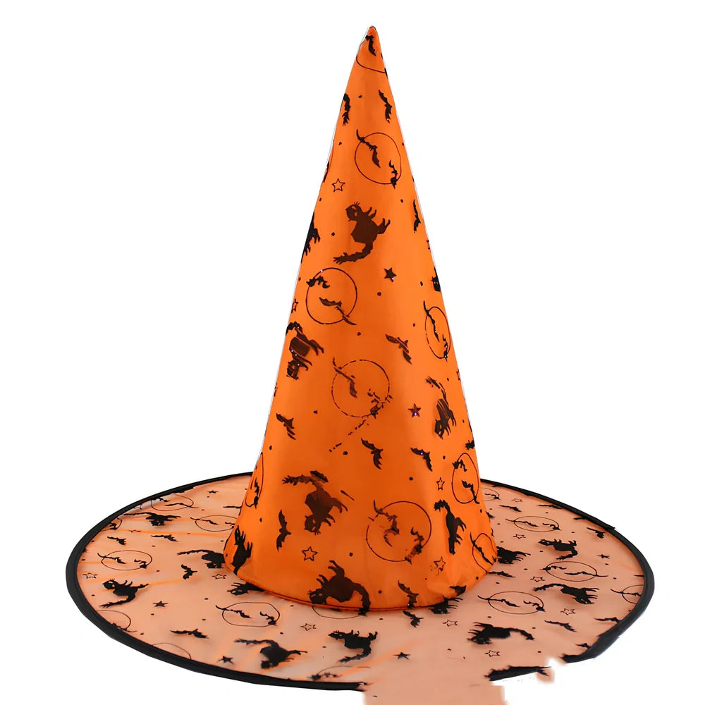 Halloween wizard hat in non-woven crepe fabric showing three style options: black, curved angle, and flocked orange
