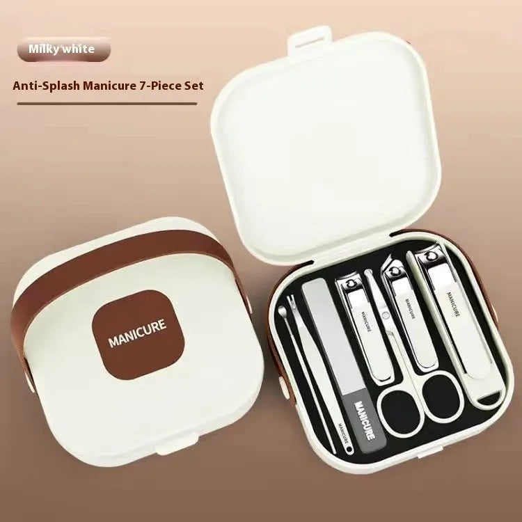 Anti-splash portable nail maintenance kit with stainless steel tools in brown plastic case