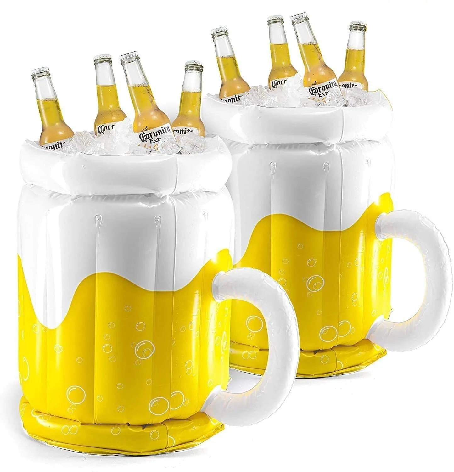 Large yellow inflatable beer mug shaped drink cooler floating in a swimming pool.