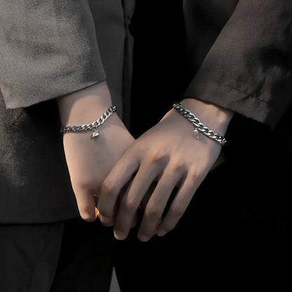 Silver magnetic couple bracelet with heart charm and NK chain, stainless steel and zinc alloy, 18cm or 20cm