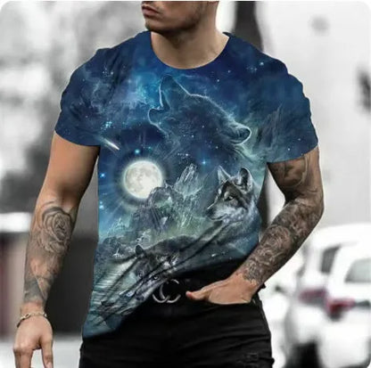 Man wearing a short-sleeved grey t-shirt with a retro-style 3D graphic of a wild animal printed on the front.