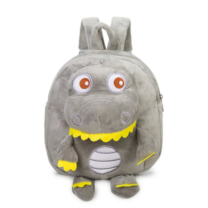 Soft blue dinosaur plush backpack with embroidery detail and a soft handle.