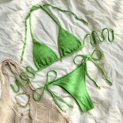 Women's halter lace-up bikini set with adjustable back ties in milky white colour