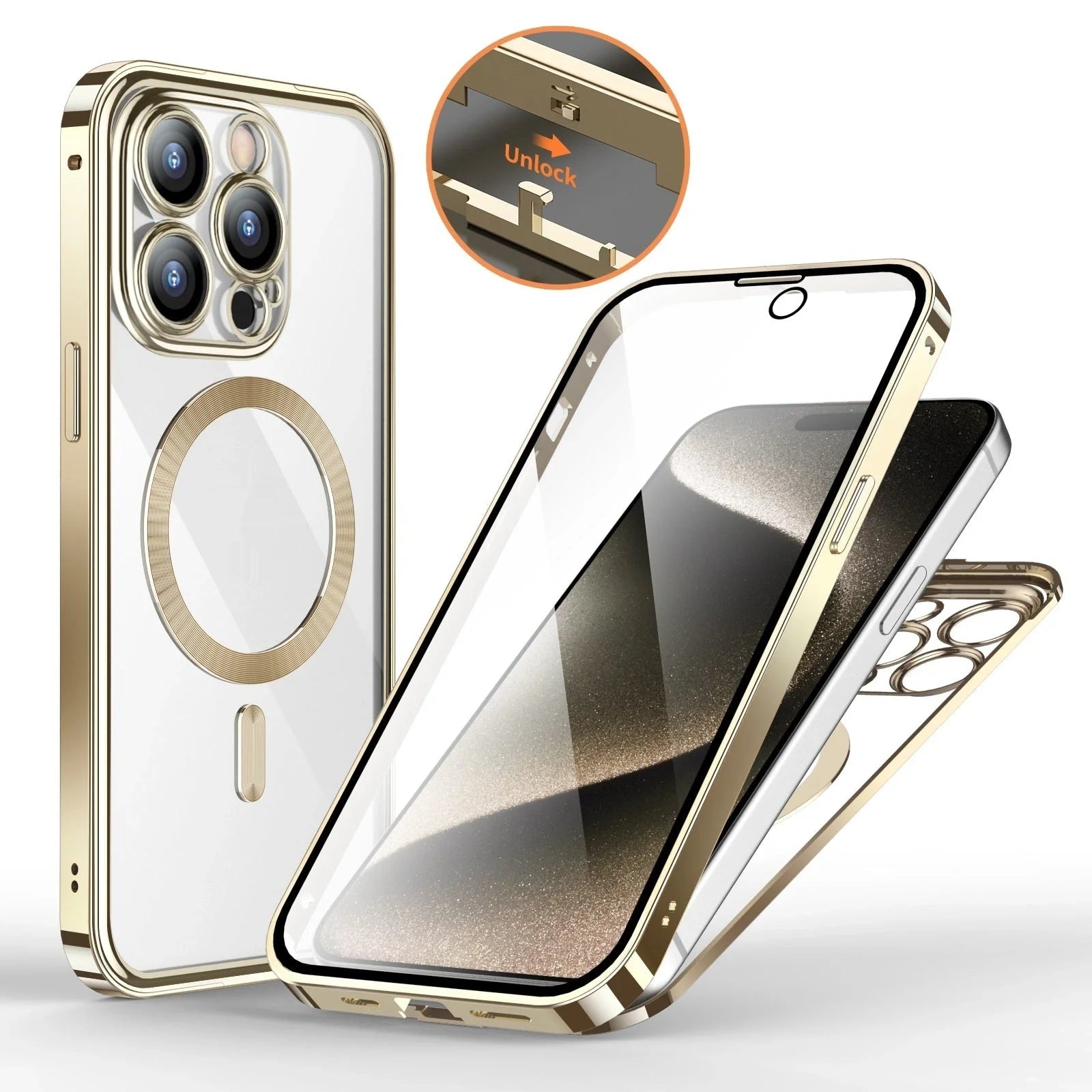 Metal buckle magnetic iPhone case with wireless charging support in gold, blue, black, and silver gray