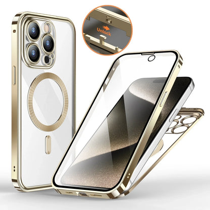 Metal buckle magnetic iPhone case with wireless charging support in gold, blue, black, and silver gray