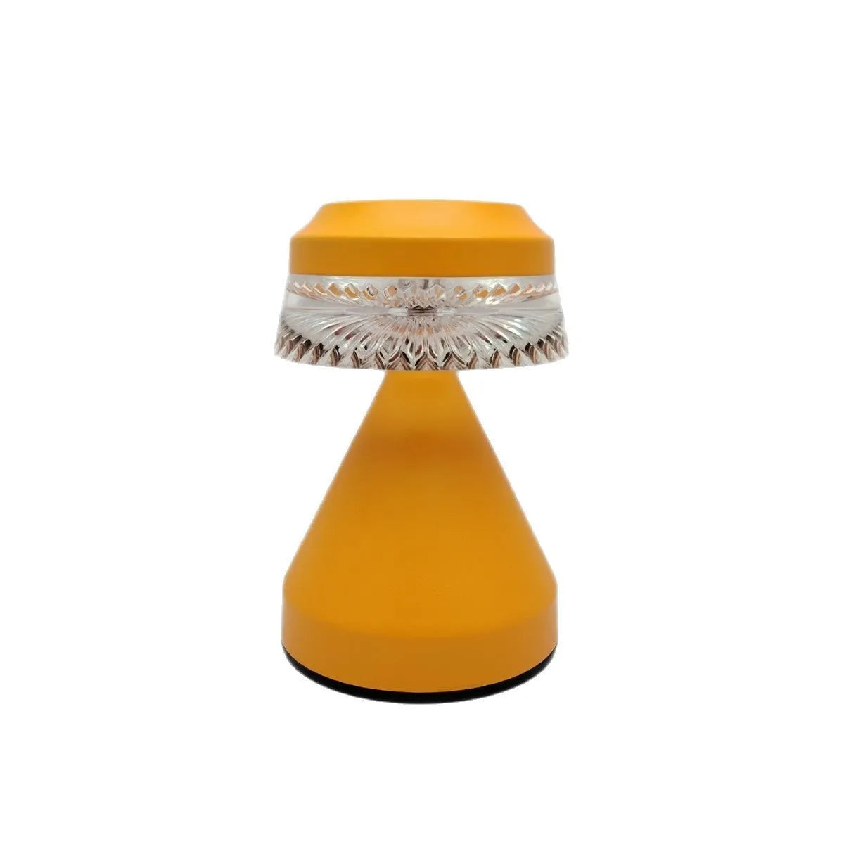 Small modern LED night lamp on a table with USB cable, shown in black, brown, and orange colour options.