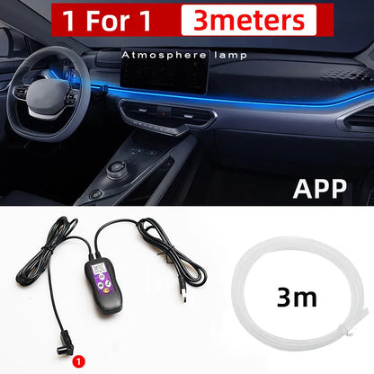 Flexible car LED ambient lighting strip installed on dashboard with USB power cable and colour-changing effects