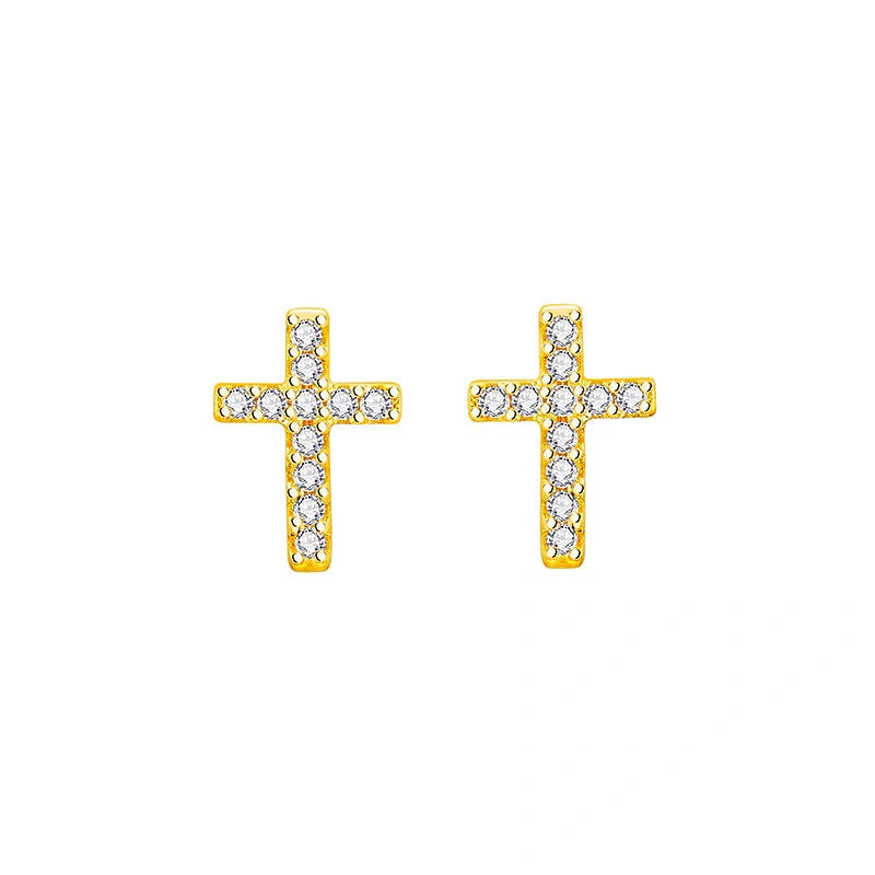 Stainless steel cross earrings with zircon inlay in white gold and gold finishes