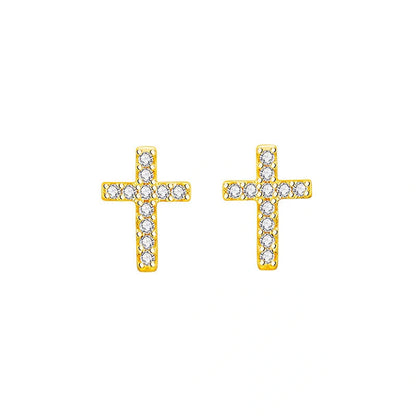 Stainless steel cross earrings with zircon inlay in white gold and gold finishes