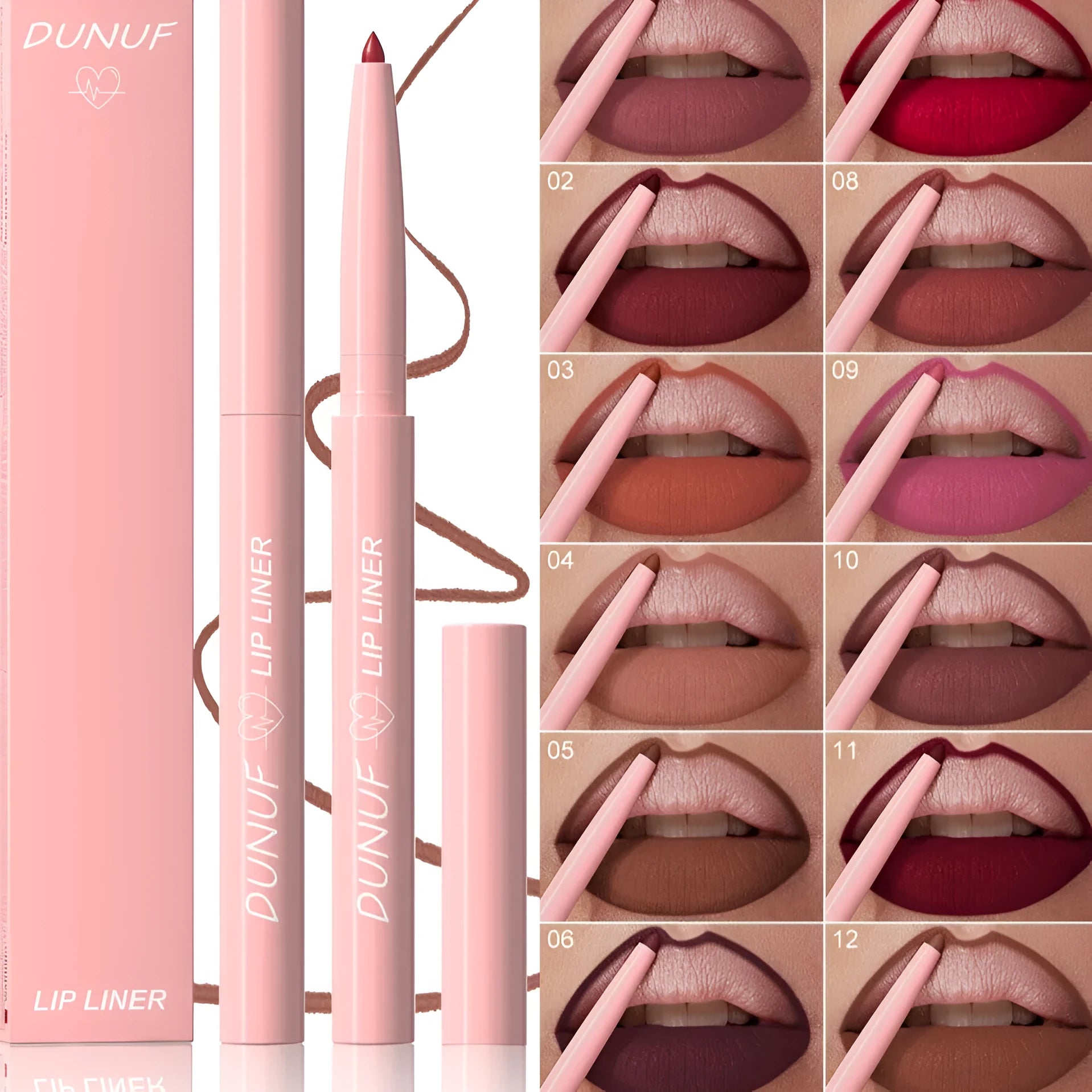 Velvet matte lip liner pencil in one of 12 colours with soft blunt tip for lip definition