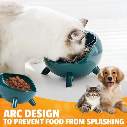 Green ceramic cat food bowl with four legs and elevated design for stable feeding