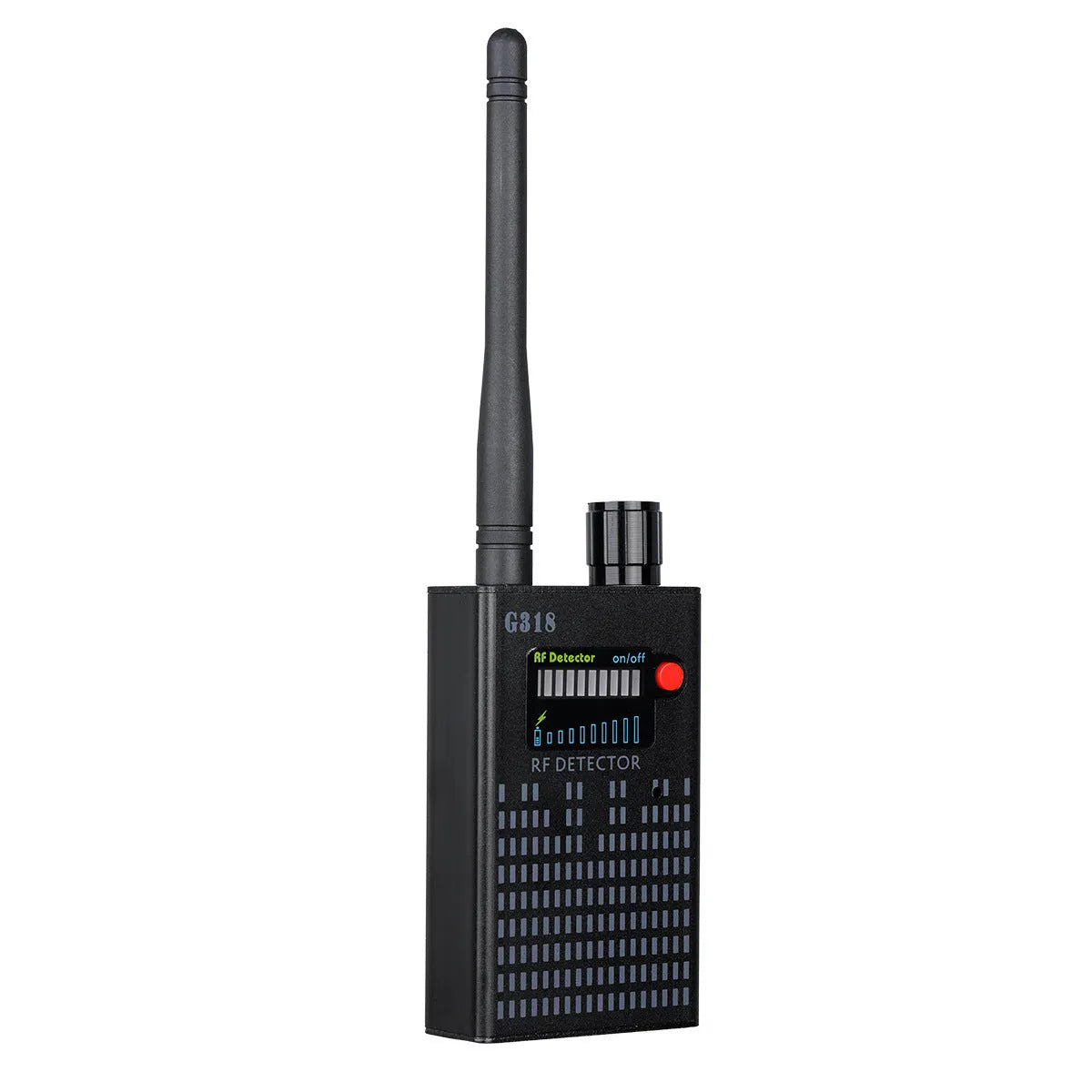 Black G318 aluminium alloy hidden camera detector for anti-theft and anti-monitoring.